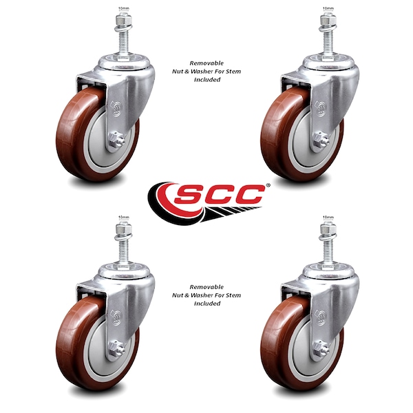 4 Inch Maroon Polyurethane Wheel Swivel 10mm Threaded Stem Caster Set SCC